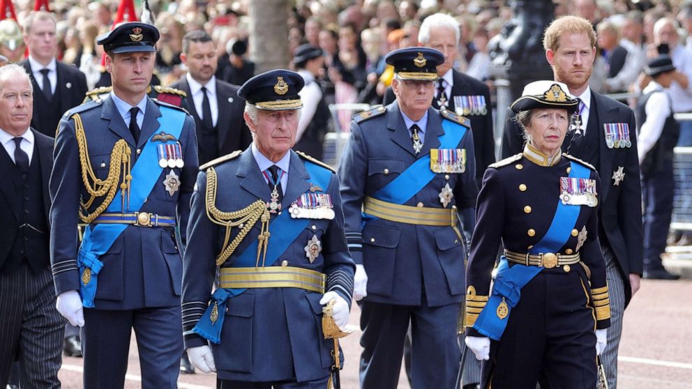 Prince William, King Charles III, Prince Richard, Duke of Gloucester, Princess Anne, Princess Royal and Prince Harry, Duke of Sussex walk behind the coffin during the procession for the Lying-in State of Queen Elizabeth II on Sept. 14, 2022 in London.