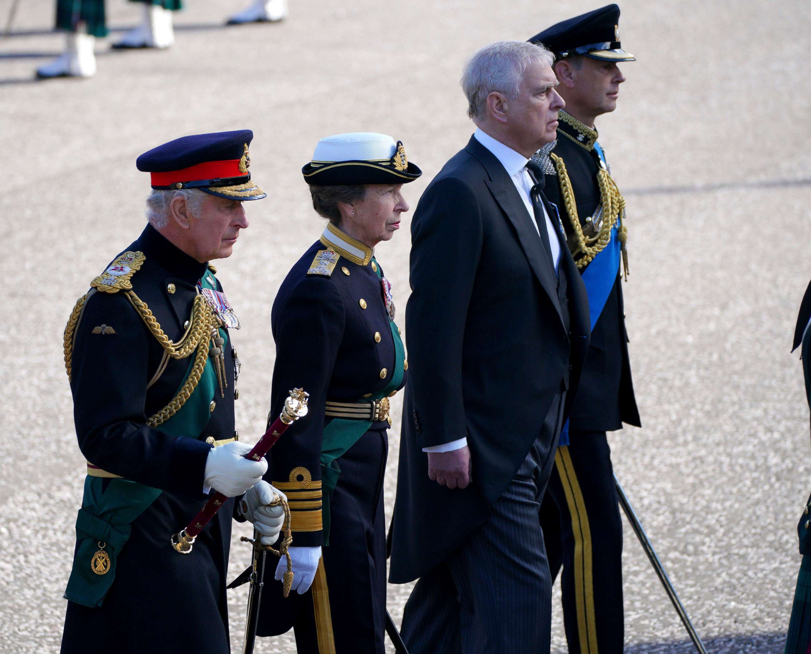 PHOTO: King Charles III, Princess Anne, Prince Andrew and Prince Edward walk behind the coffin of Queen Elizabeth II, during the procession from the Palace of Holyroodhouse to St Giles' Cathedral, in Edinburgh, Sept. 12, 2022.