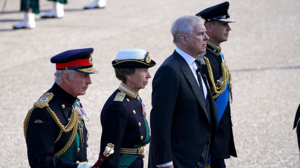 PHOTO: King Charles III, Princess Anne, Prince Andrew and Prince Edward walk behind the coffin of Queen Elizabeth II, during the procession from the Palace of Holyroodhouse to St Giles' Cathedral, in Edinburgh, Sept. 12, 2022.