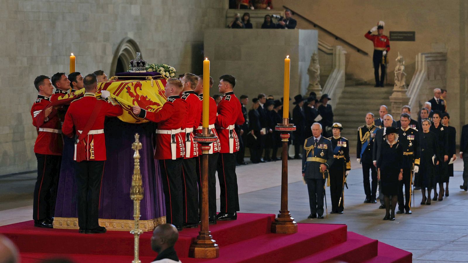 PHOTO: A general view as King Charles III, Princess Anne, Princess Royal and Camilla, Queen Consort view the coffin carrying Queen Elizabeth II being laid to rest in Westminster Hall for the Lying-in State on Sept. 14, 2022 in London.