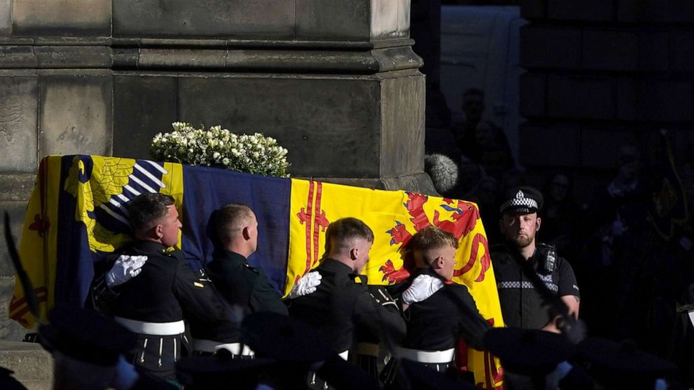 PHOTO: The coffin of Queen Elizabeth II is carried to the hearse from St. Giles Cathedral in Edinburgh, Scotland, Sept. 13, 2022.