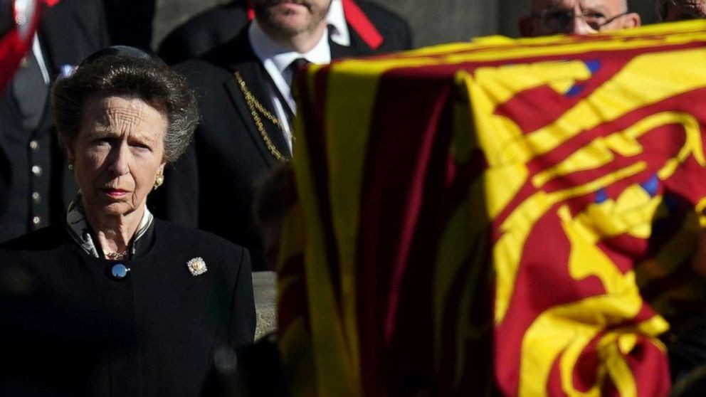 PHOTO: Princess Anne watches as the coffin of Queen Elizabeth II is taken to a hearse as it departs St Giles' Cathedral, in Edinburgh, Sept. 13, 2022.