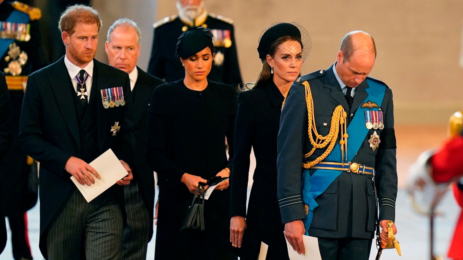 PHOTO: Prince Harry, the Earl of Snowdon, Meghan, the Duchess of Sussex, Kate, Princess of Wales and Prince William follow the bearer party carrying the coffin of Queen Elizabeth II into Westminster Hall, London, Sept. 14, 2022.