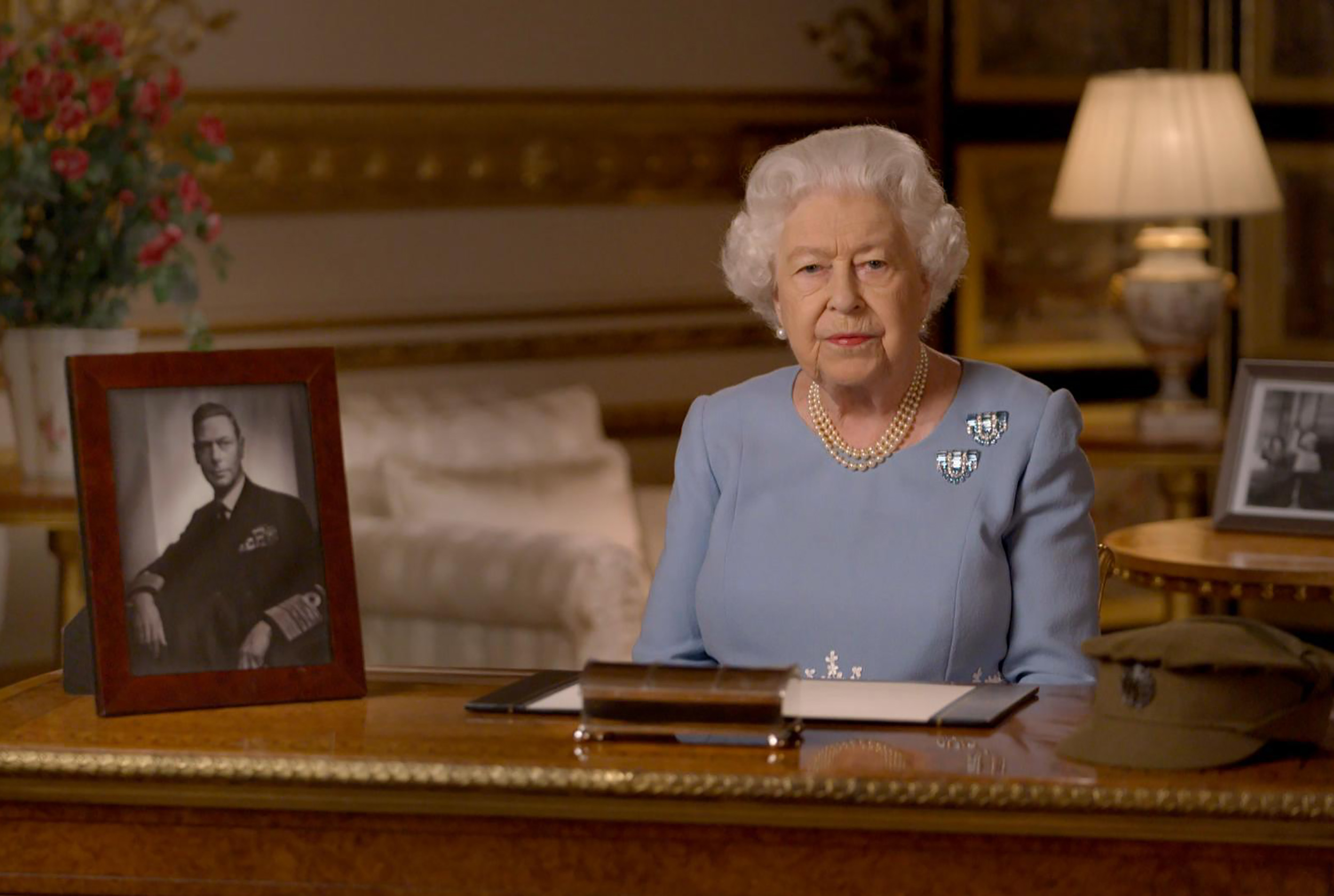 PHOTO: A screen grab taken from a recorded television broadcast shows Britain's Queen Elizabeth II speaking to the nation to mark the 75th anniversary of VE Day.