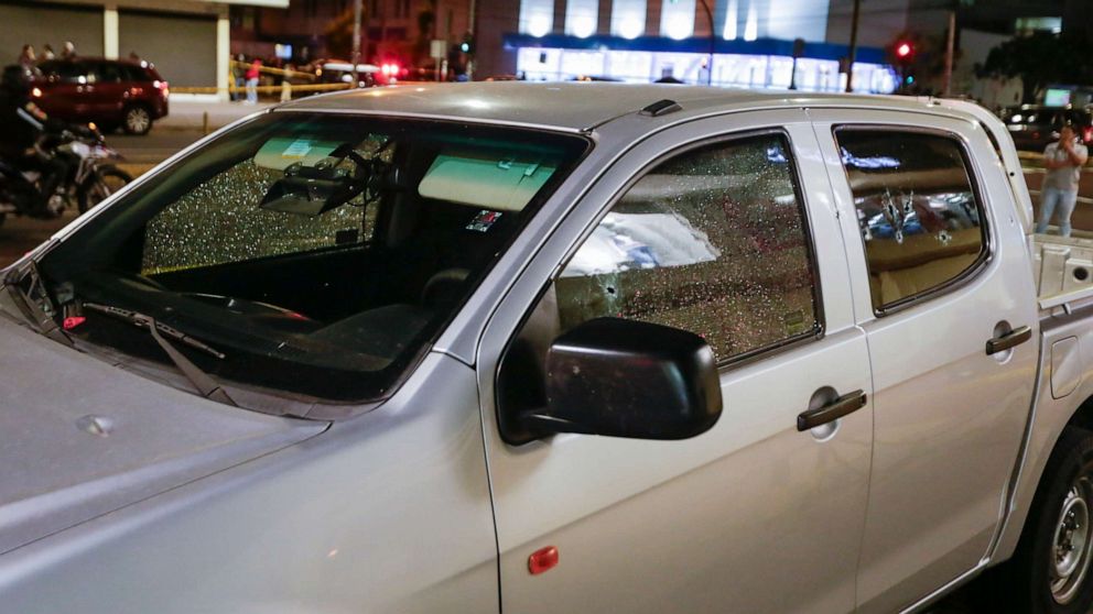 PHOTO: The bullet-riddled vehicle where presidential candidate Fernando Villavicencio was shot to death while at a campaign rally at a school stands parked outside the hospital he was taken to after the crime, in Quito, Ecuador, Wednesday, Aug. 9, 2023.