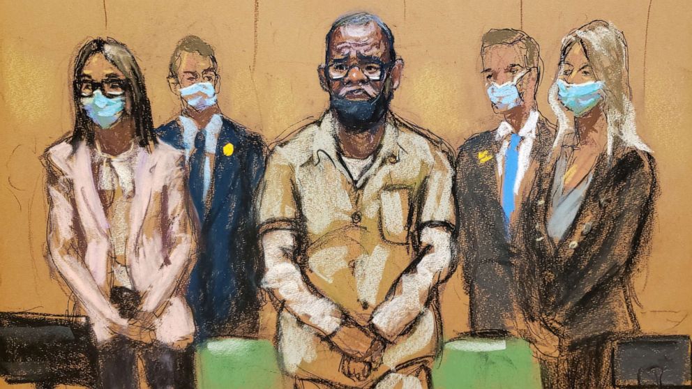 PHOTO: R. Kelly stands with his lawyers Jennifer Bonjean and Ashley Cohen during his sentencing hearing for federal sex trafficking at the Brooklyn Federal Courthouse in New York, June 29, 2022.