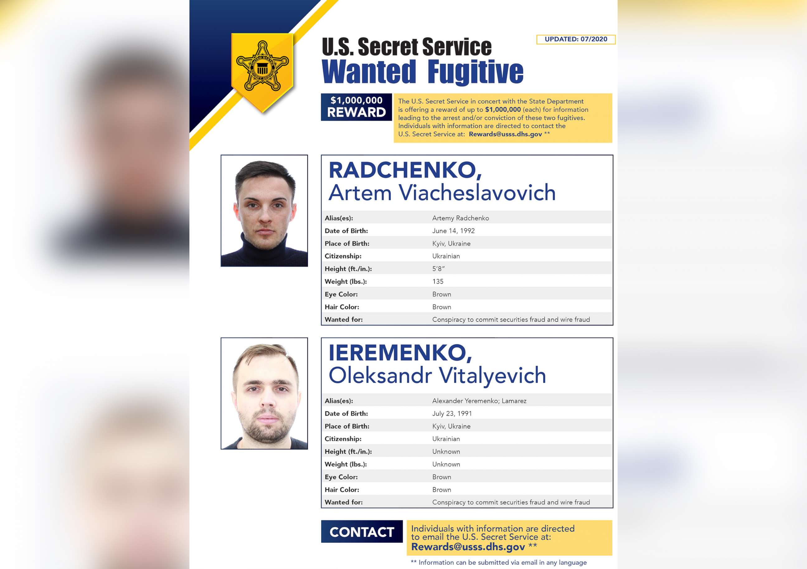 PHOTO: Artem Viacheslavovich Radchenko and Oleksandr Vitalyevich Ieremenko are pictured on a wanted poster released by the U.S. Secret Service in July 2020.