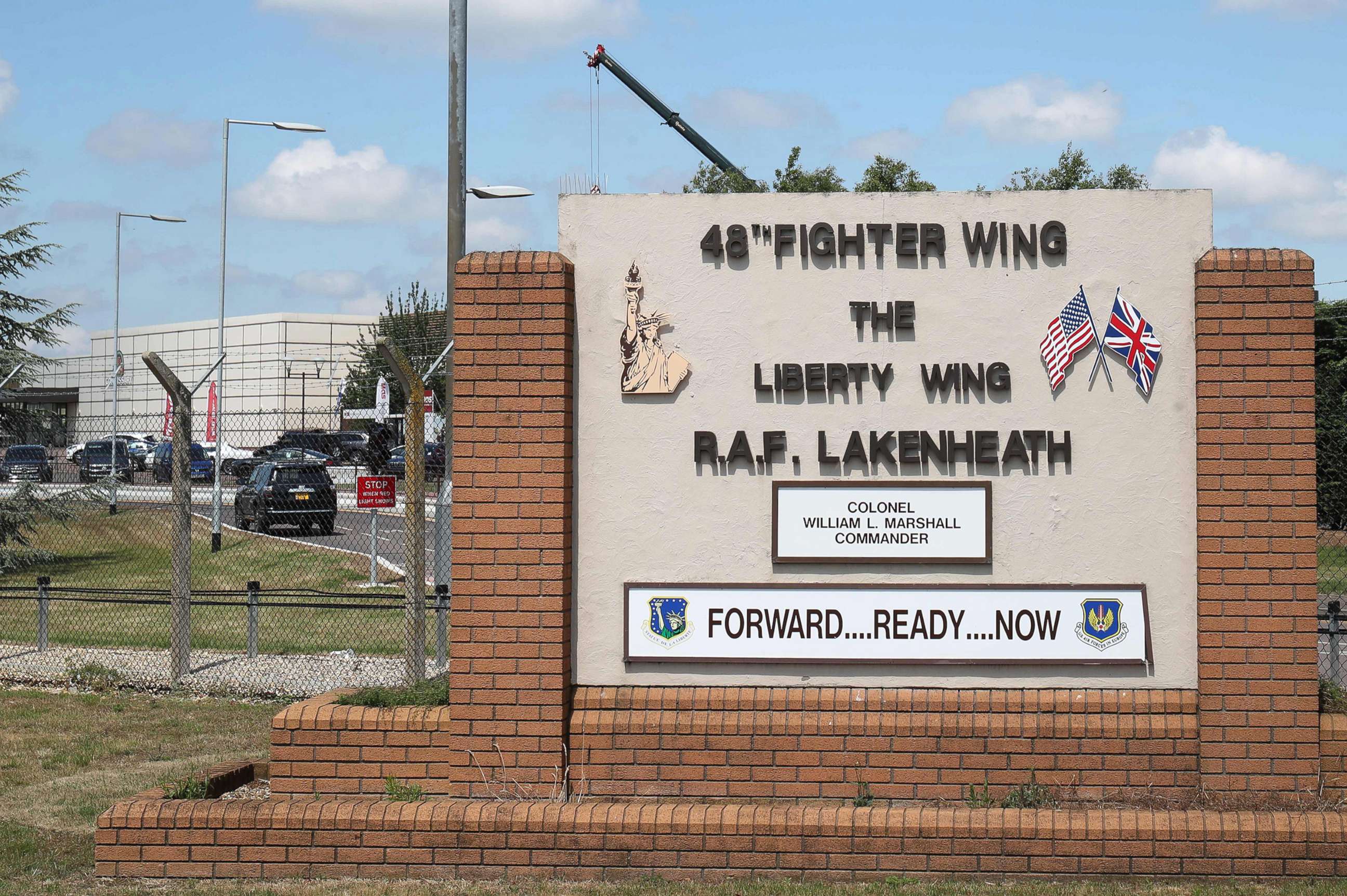 PHOTO: The entrance sign to British Royal Air Force base RAF Lakenheath, which hosts the  48th Fighter Wing of the US Air Force, near the village of Lakenheath in eastern England, June 16, 2020.