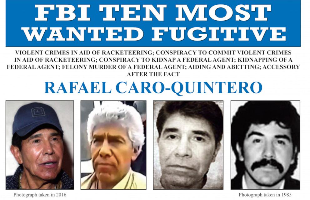 FOTO: Esta imagem divulgada pelo FBI mostra o cartaz de procurado de Rafael Caro-Quintero, que estava por trás do assassinato de um agente da DEA dos EUA em 1985.