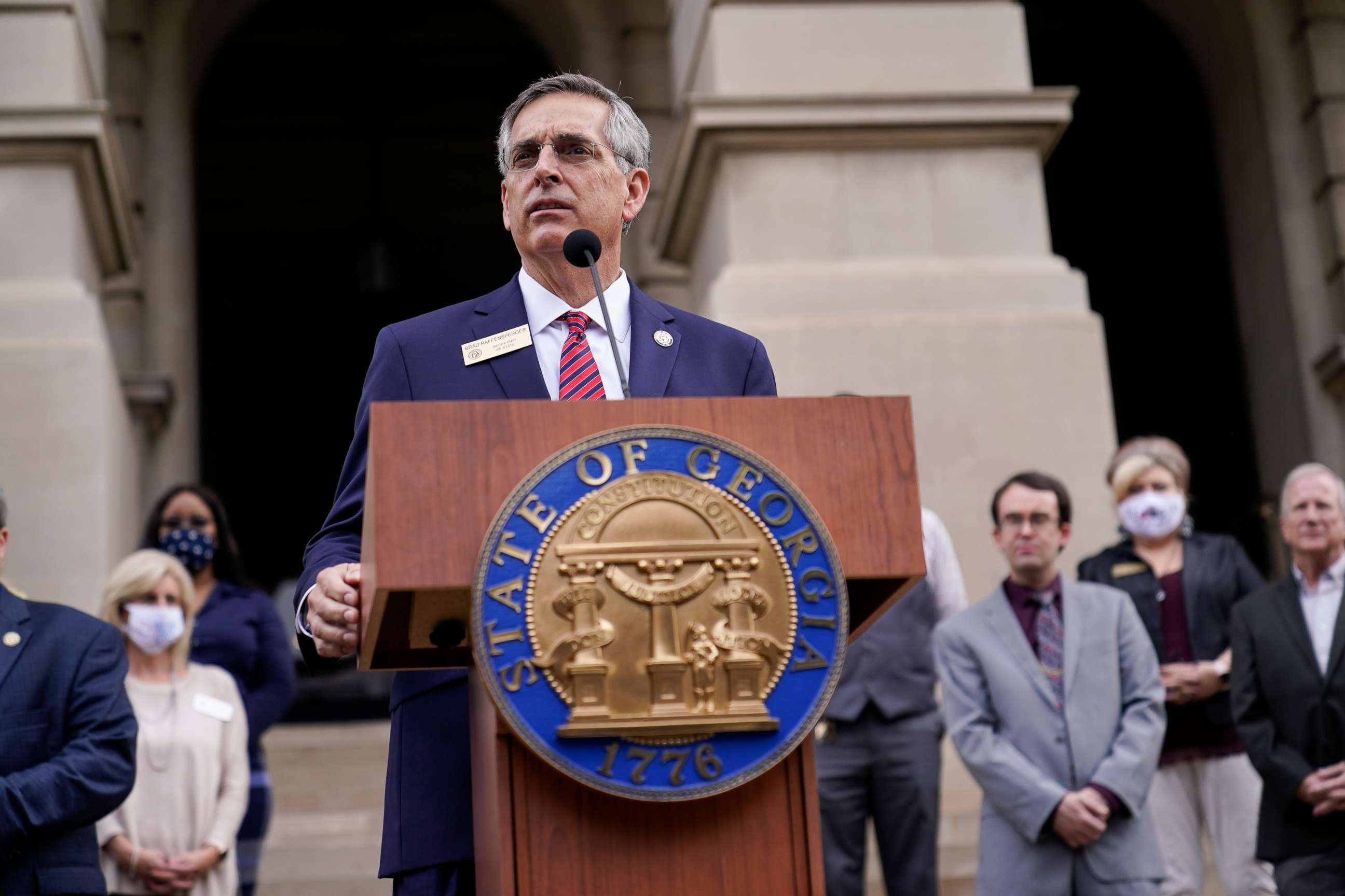 PHOTO: Georgia Secretary of State Brad Raffensperger speaks during a news conference on Nov. 11, 2020, in Atlanta.