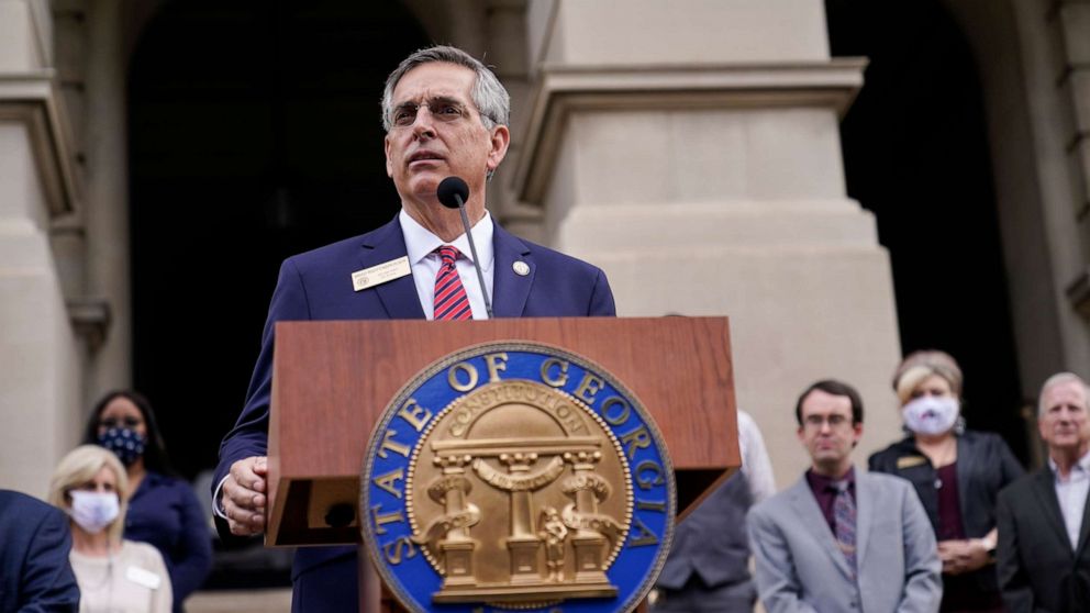 PHOTO: Georgia Secretary of State Brad Raffensperger speaks during a news conference on Nov. 11, 2020, in Atlanta.