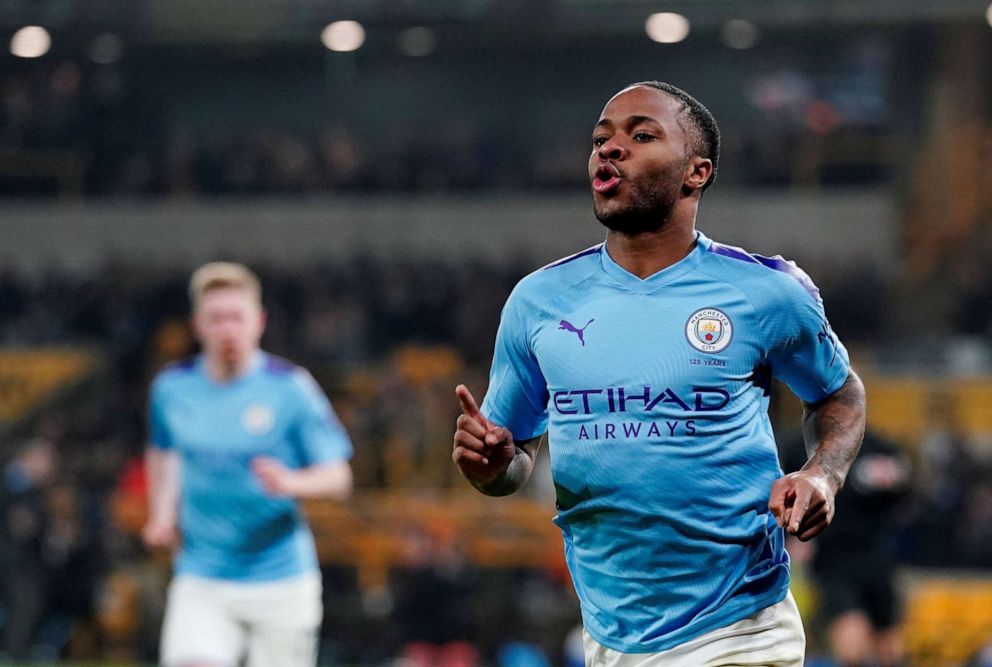 PHOTO: Manchester City's Raheem Sterling celebrates scoring their second goal at Molineux Stadium in Wolverhampton, England, Dec. 27, 2019.