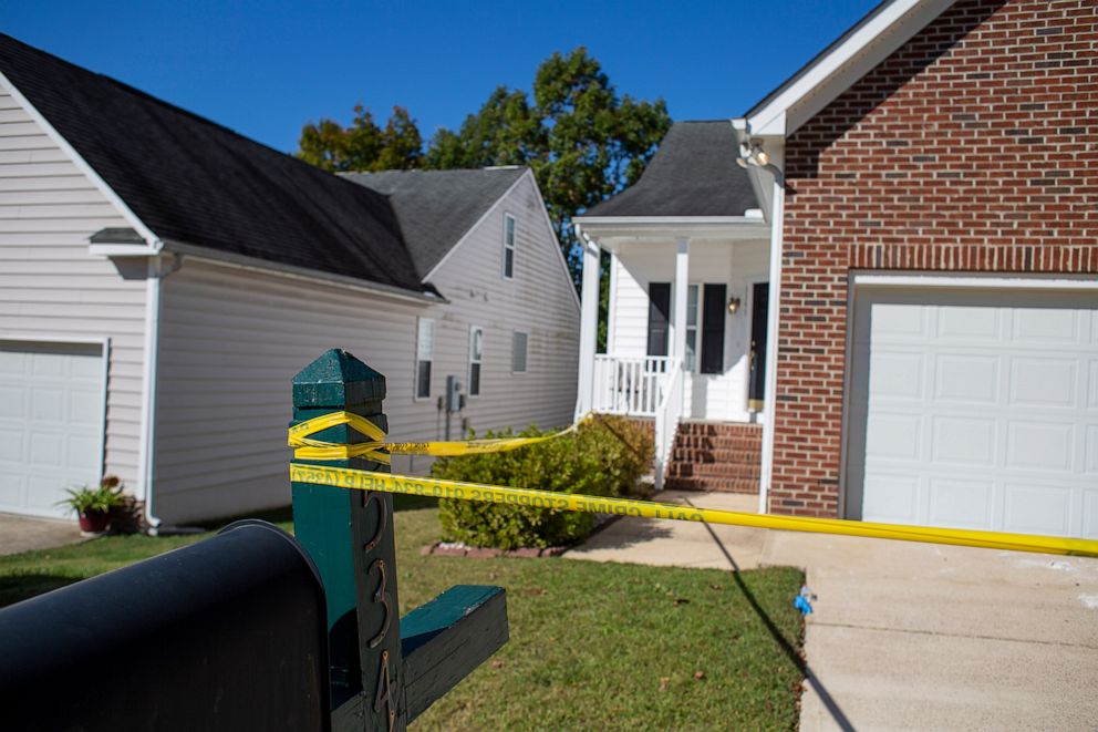 PHOTO: Crime scene tape is seen on Sahalee Way in the Hedingham neighborhood of Raleigh, NC, Oct. 15, 2022.