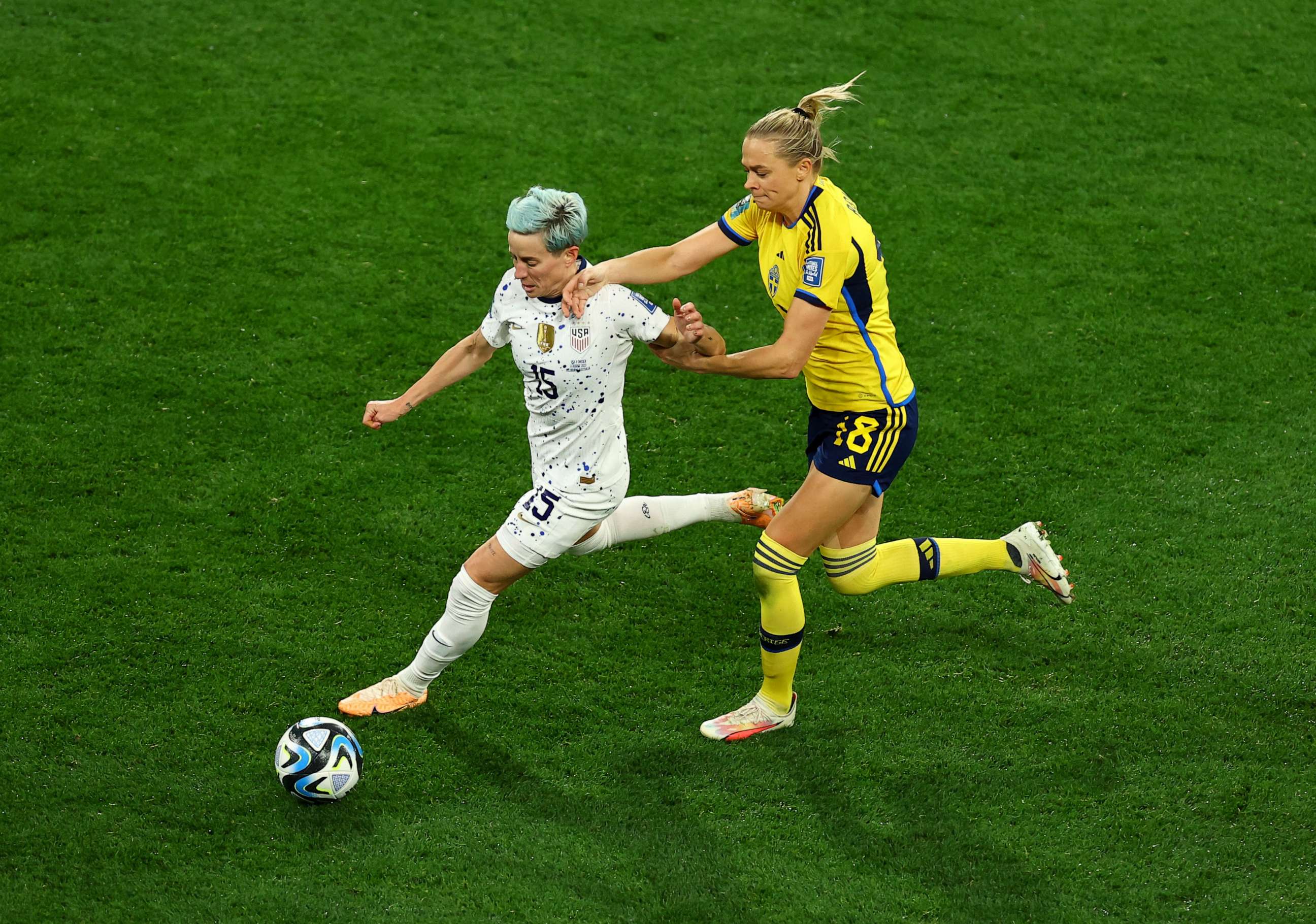 PHOTO: Megan Rapinoe of the U.S. in action with Sweden's Fridolina Rolfo in the Women's World Cup in Melbourne, Australia, on August 6, 2023.