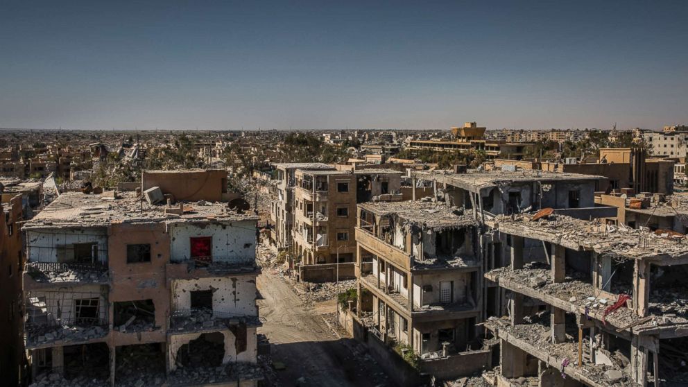 Damaged buildings around the National Hospital in west Raqqa, Syria, Oct. 16, 2017.