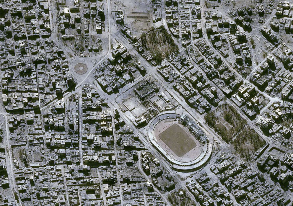 PHOTO: Central Raqqa showing Naim Square, top left, and the city's municipal stadium in a satellite image taken Oct. 16, 2017. 