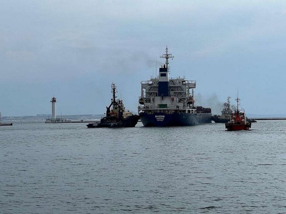 PHOTO: The Sierra Leone-flagged cargo ship Razoni leaves the port in Odesa, Ukraine, on Aug. 1, 2022, after restarting grain exports amid Russia's invasion of Ukraine, Ukraine August 1, 2022.