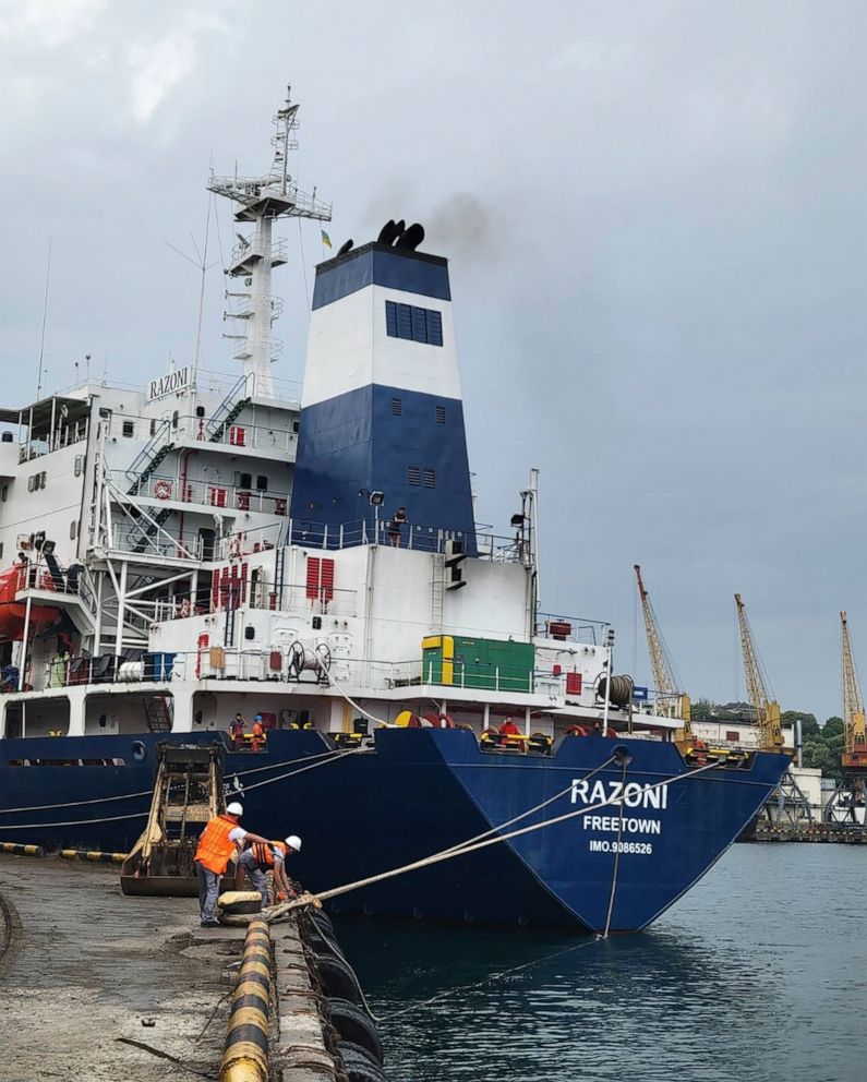 PHOTO: The Sierra Leone-flagged cargo ship Razoni, carrying over 26,000 tons of Ukrainian corn, leaves the port in Odesa, Ukraine, on Aug. 1, 2022.