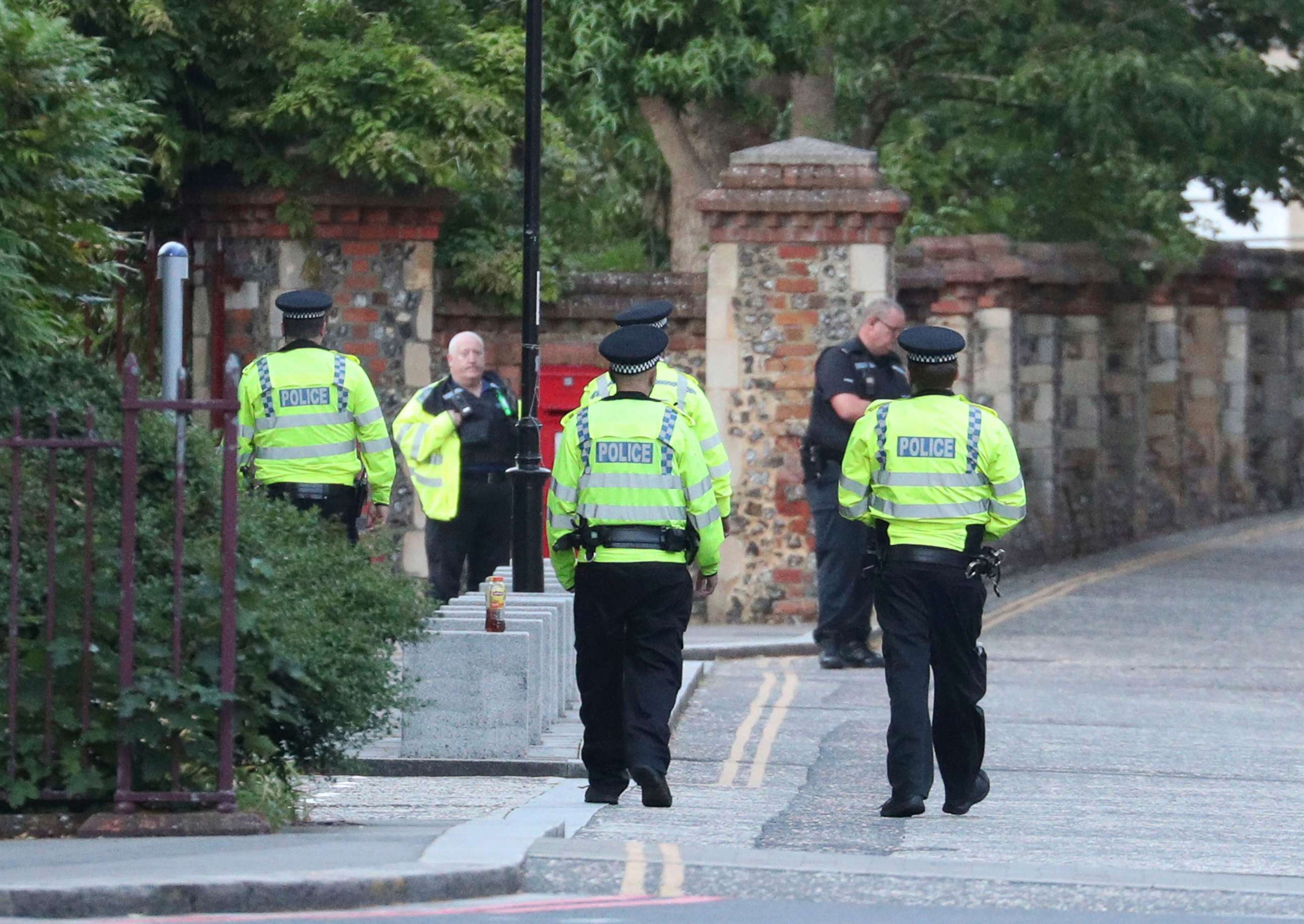 PHOTO: Police arrive at Forbury Gardens in the town centre of Reading, England, where they are responding to a "serious incident" Saturday, June 20, 2020.