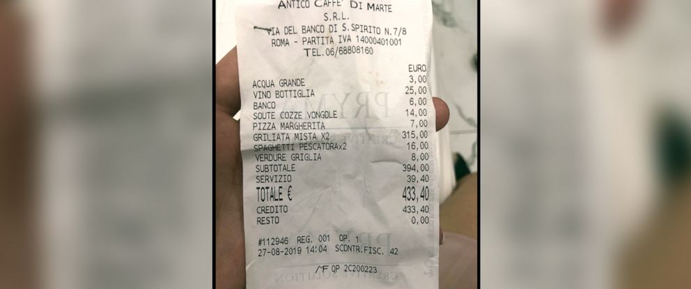 PHOTO: Receipt a couple received, and posted to their TripAdvisor review, after dining at the Antico Caffe di Marte in Rome, Italy.