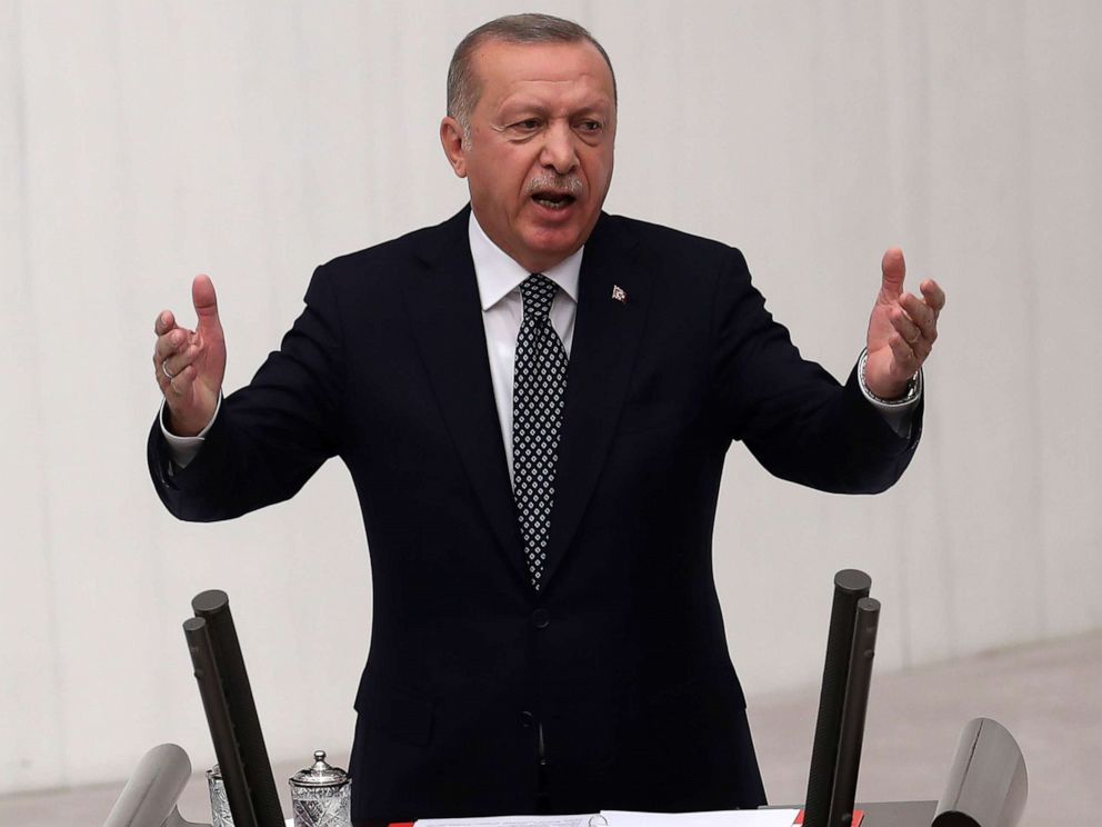 PHOTO: Turkish President Recep Tayyip Erdogan gestures as he delivers a speech during the opening of the third legislative session of the Turkish parliaments 27th term on Oct. 1, 2019, at the Grand National Assembly of Turkey (TBMM) in Ankara.