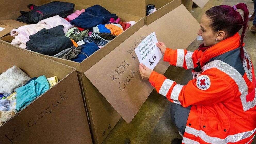 PHOTO: Paramedic Tamara Schappacher from the Red Cross sorts relief supplies in Baden-Wurttemberg, Germany, on Feb. 7, 2023. These are for the Turkish twin city Antakya/Hatay, which is located in the earthquake zone.