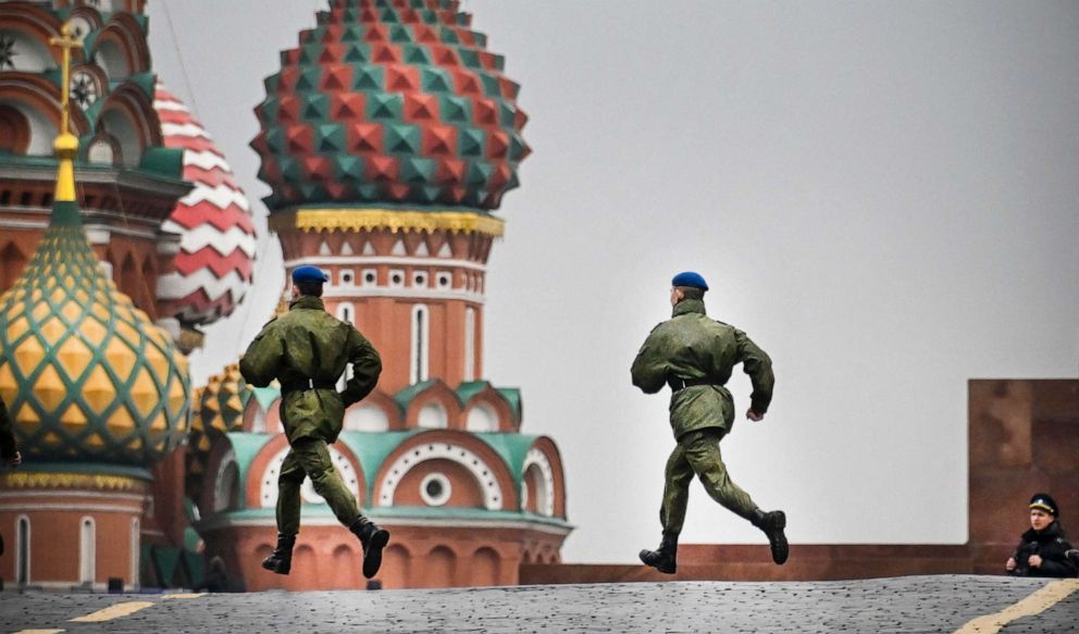 PHOTO: In this file photo taken on Sept. 29, 2022, Russian soldiers run along Red Square in central Moscow as the square is sealed prior to a ceremony of the incorporation of the new territories into Russia.