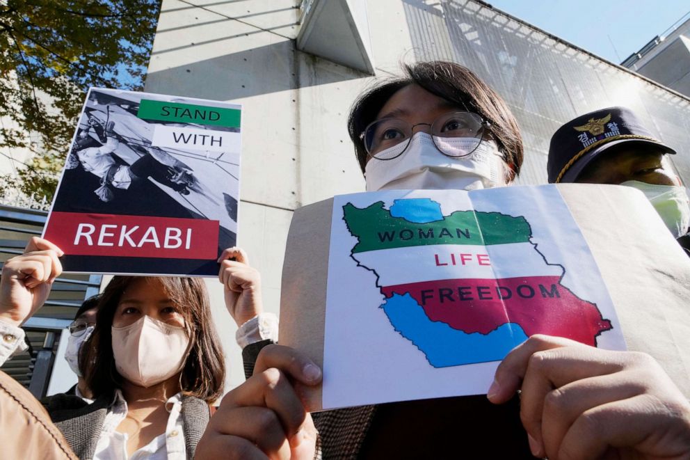 PHOTO: Protesters take part in a rally in support of Iranian sport climber Elnaz Rekabi in front of the Iranian Embassy in Seoul, South Korea, on October 19, 2022.