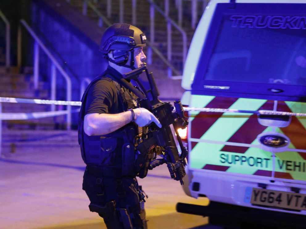 PHOTO: Police and other emergency services are seen near the Manchester Arena after reports of an explosion, May 22, 2017.