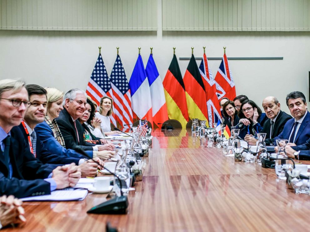 PHOTO: German Foreign Minister and Vice Chancellor Sigmar Gabriel, French foreign Minister Jean-Yves Le Drian and Rex Tillerson, foreign minister of the United States, attend attend E3-foreign ministers meeting, Dec. 5, 2017, in Brussels.