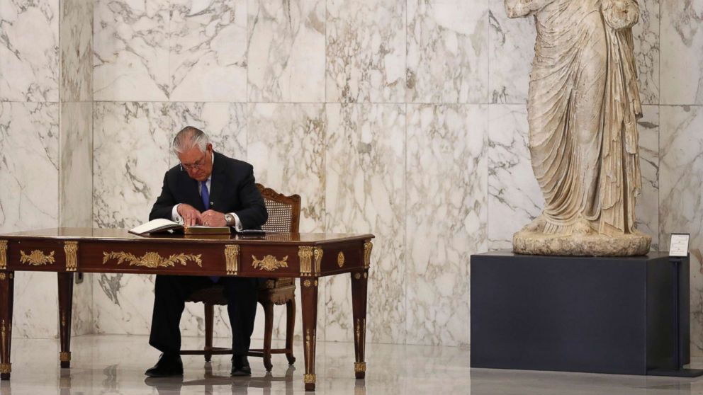 PHOTO: U.S. Secretary of State Rex Tillerson signs a guest book after his meeting with Lebanese President Michel Aoun at the presidential palace, in Baabda, east of Beirut, Lebanon, Feb. 15, 2018. 