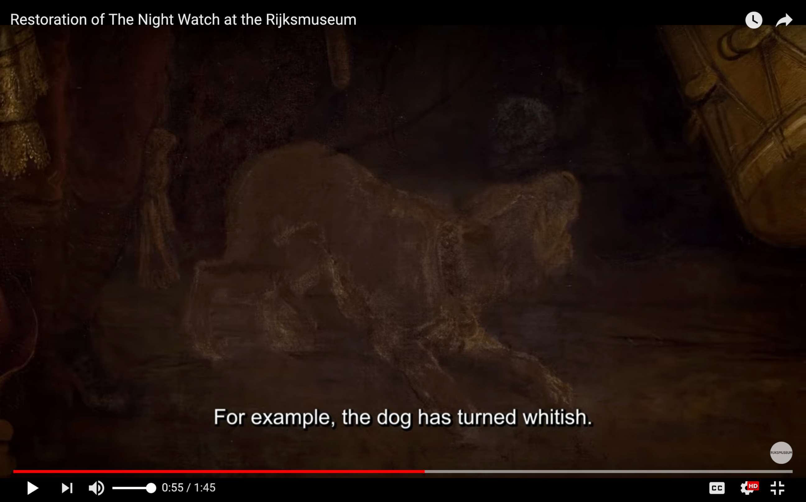 PHOTO: Screen grab from video posted by Rijksmuseum shows a detail from Rembrandt's painting "The Night Watch" of a dog that has faded over the years.
