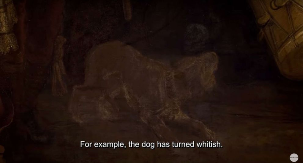 PHOTO: Screen grab from video posted by Rijksmuseum shows a detail from Rembrandt's painting "The Night Watch" of a dog that has faded over the years.