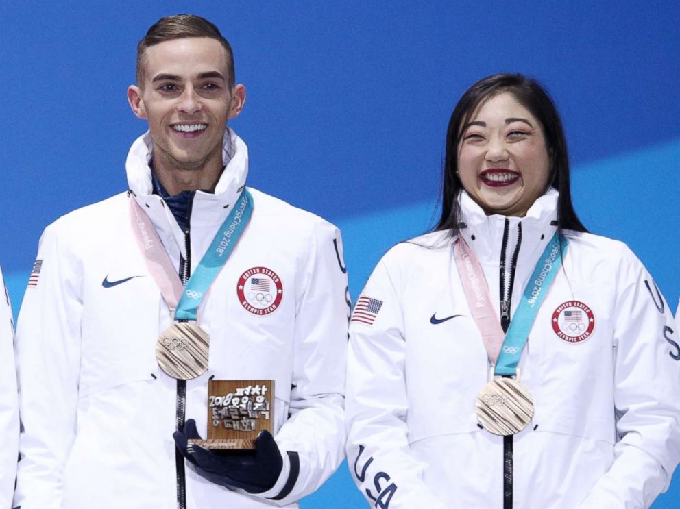 PHOTO: (L-R) Bronze medalists Nathan Chen, Adam Rippon, Mirai Nagasu and Bradie Tennell of team U.S. celebrate during the medal ceremony after the figure skating team event at Medal Plaza, Feb. 12, 2018, in Pyeongchang, South Korea.