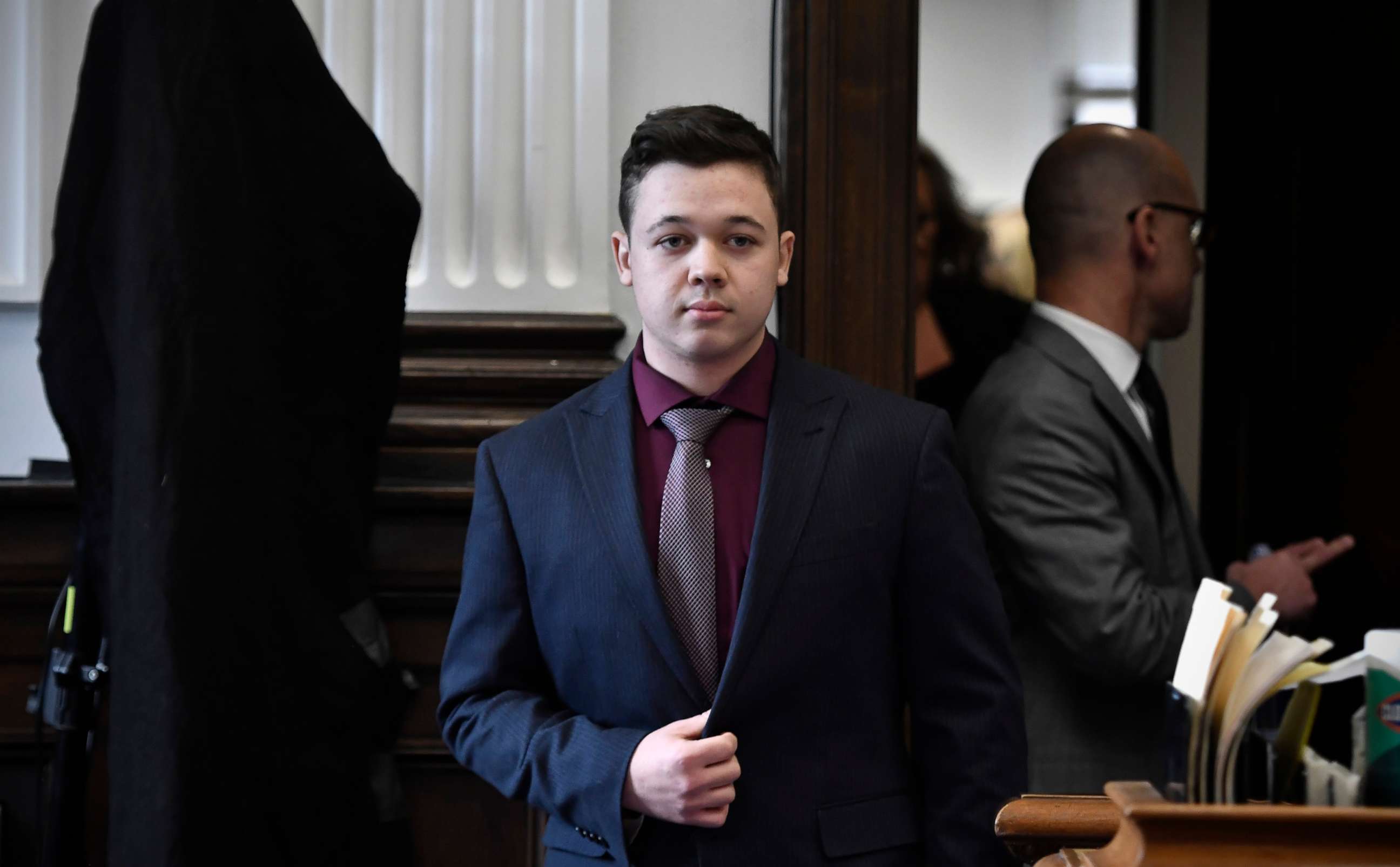 PHOTO: Kyle Rittenhouse enters the courtroom to hear the verdicts in his trial prior to being found not guilty on all counts at the Kenosha County Courthouse on Nov. 19, 2021 in Kenosha, Wisconsin.