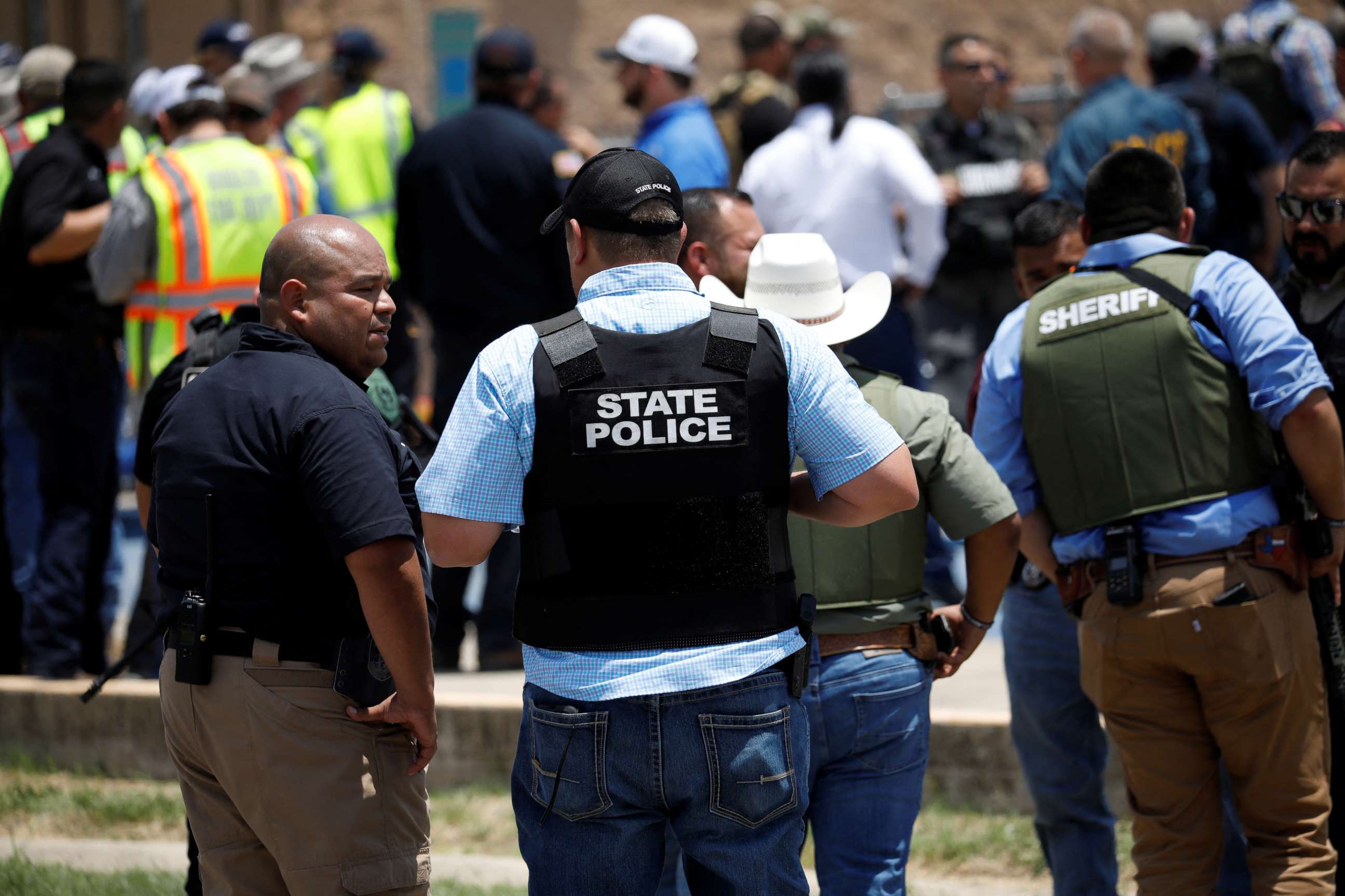 PHOTO: Law enforcement personnel guard the scene of a suspected shooting near Robb Elementary School in Uvalde, Texas, May 24, 2022.