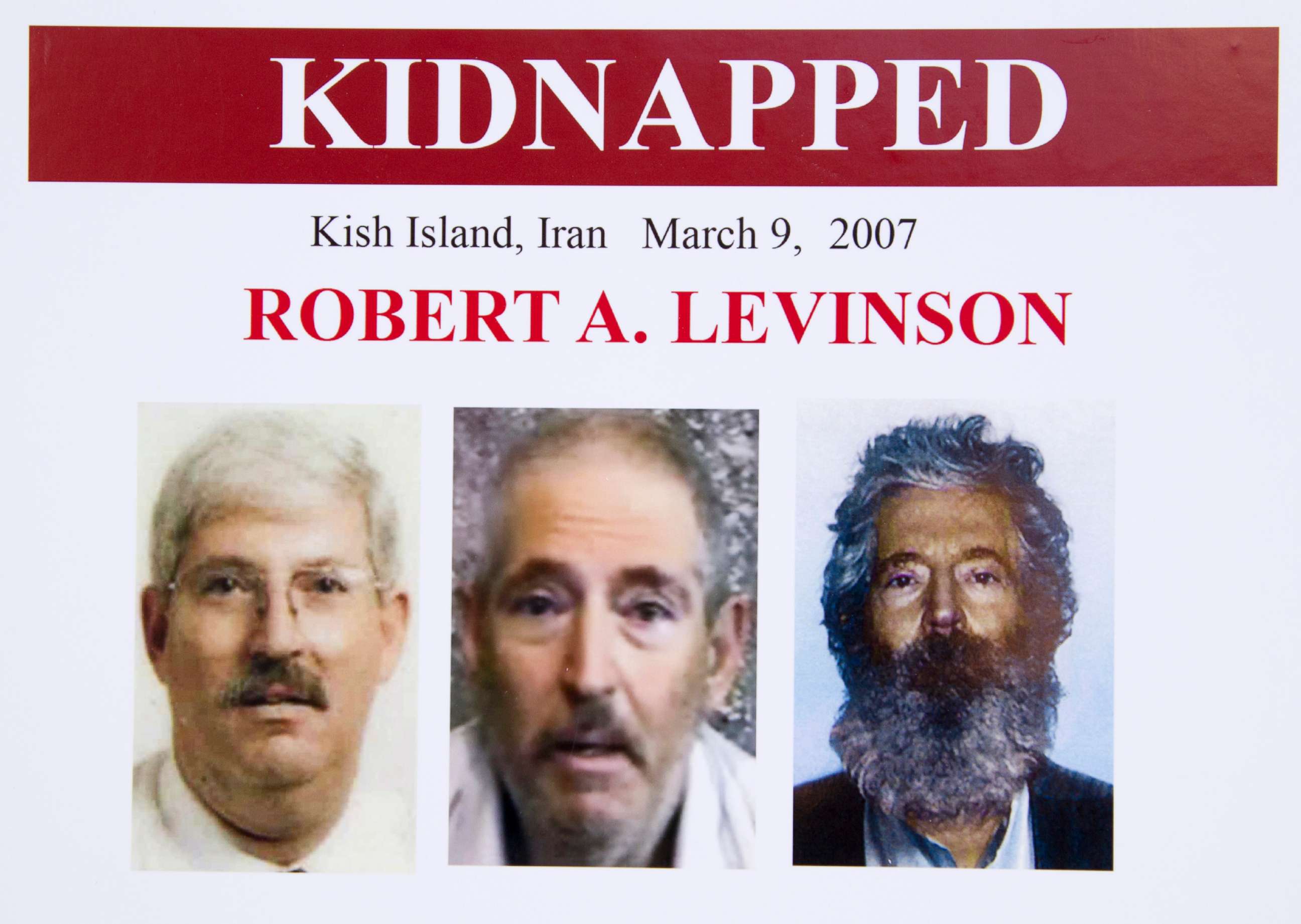 PHOTO: An FBI poster showing a composite image of retired FBI agent Robert Levinson, right, of how he would look like now after five years in captivity, displayed during a news conference in Washington, D.C., on March 6, 2012.