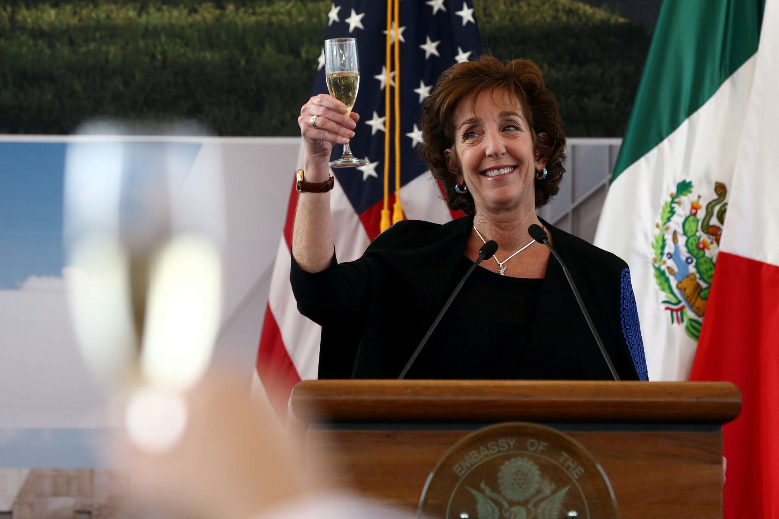 PHOTO: U.S. Ambassador to Mexico Roberta S. Jacobson raises her glass in a toast as she attends a ceremony to place the first stone of the new U.S. Embassy in Mexico City, Feb. 13, 2018. 