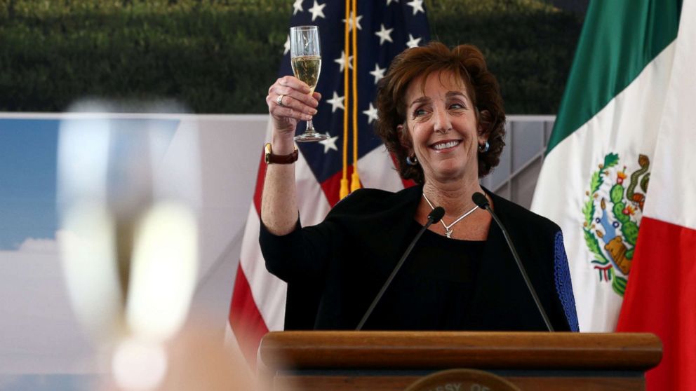 U.S. Ambassador to Mexico Roberta S. Jacobson raises her glass in a toast as she attends a ceremony to place the first stone of the new U.S. Embassy in Mexico City, Feb. 13, 2018.