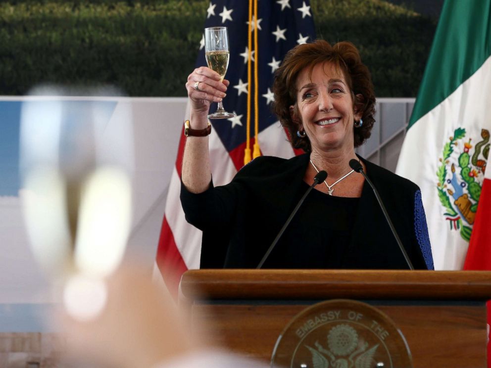 PHOTO: U.S. Ambassador to Mexico Roberta S. Jacobson raises her glass in a toast as she attends a ceremony to place the first stone of the new U.S. Embassy in Mexico City, Feb. 13, 2018.