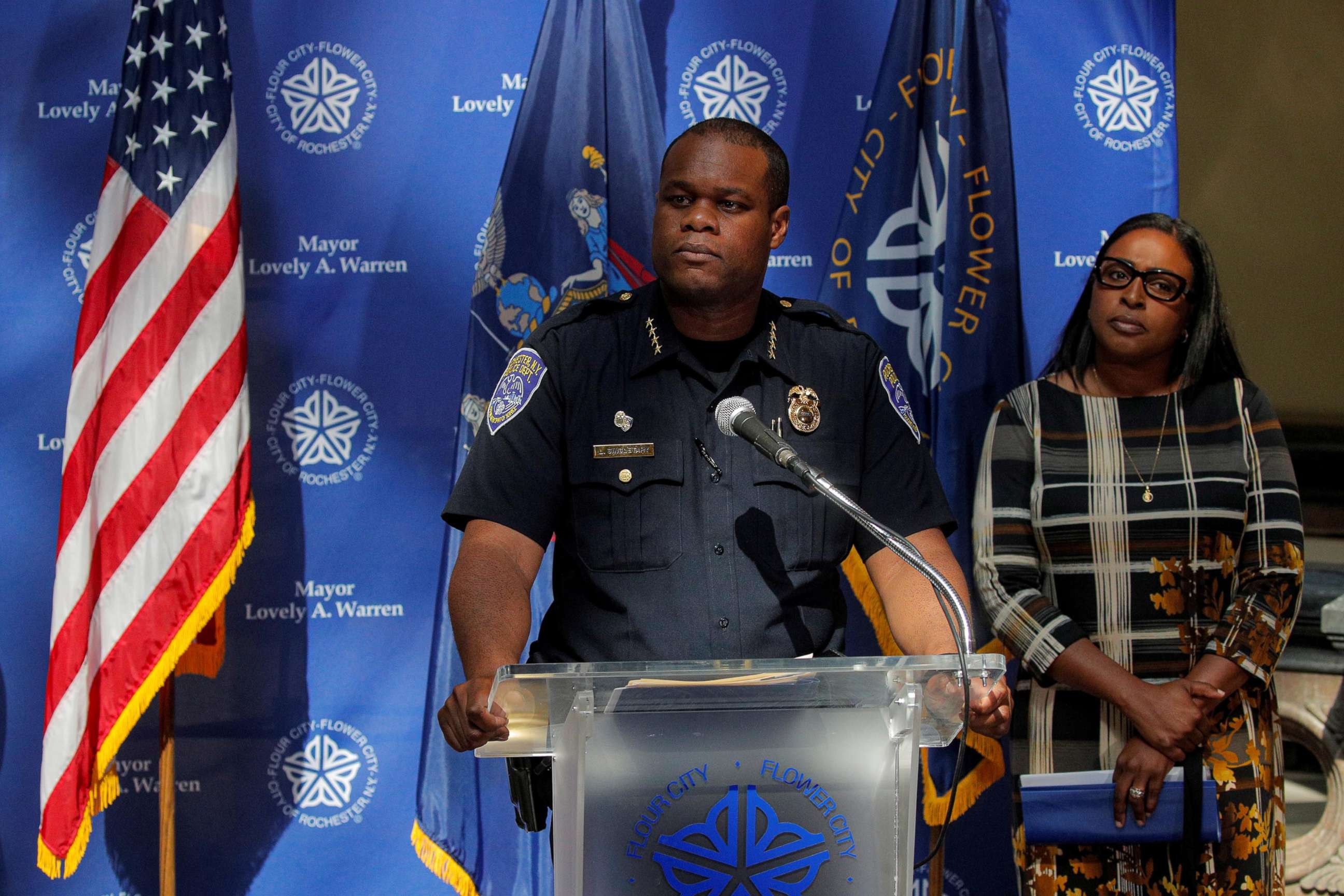 PHOTO: Rochester Police Chief, La'Ron Singletary speaks during a news conference with Mayor Lovely Warren regarding the protests over the death of Daniel Prude during an arrest on March 23, in Rochester, N.Y., Sept. 6, 2020.