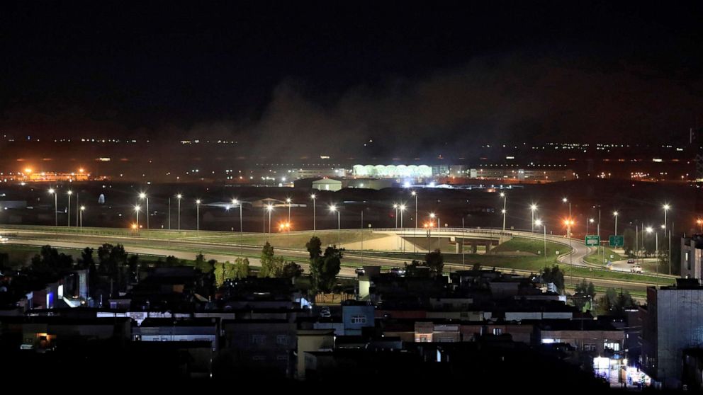 PHOTO: Smoke rises from the northern Iraqi city of Erbil following a rocket attack on Feb. 15, 2021.