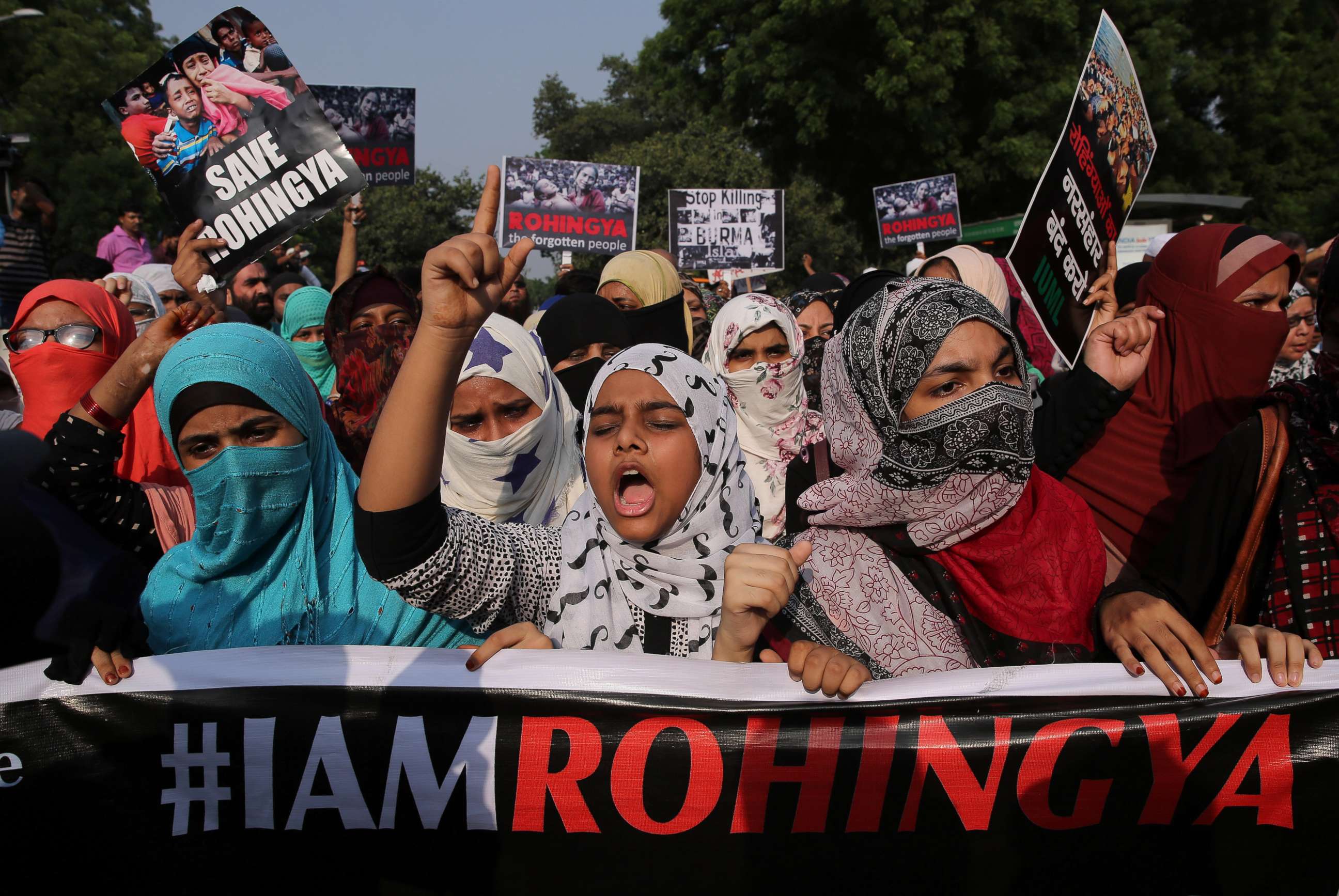 PHOTO: Indian activists hold placards during a protest march against the alleged persecution of Myanmar's Rohingya Muslim minority in New Delhi, Sept. 13, 2017. 