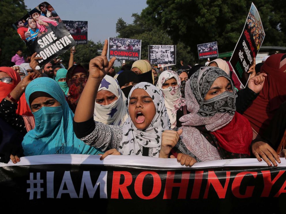 PHOTO: Indian activists hold placards during a protest march against the alleged persecution of Myanmars Rohingya Muslim minority in New Delhi, Sept. 13, 2017.