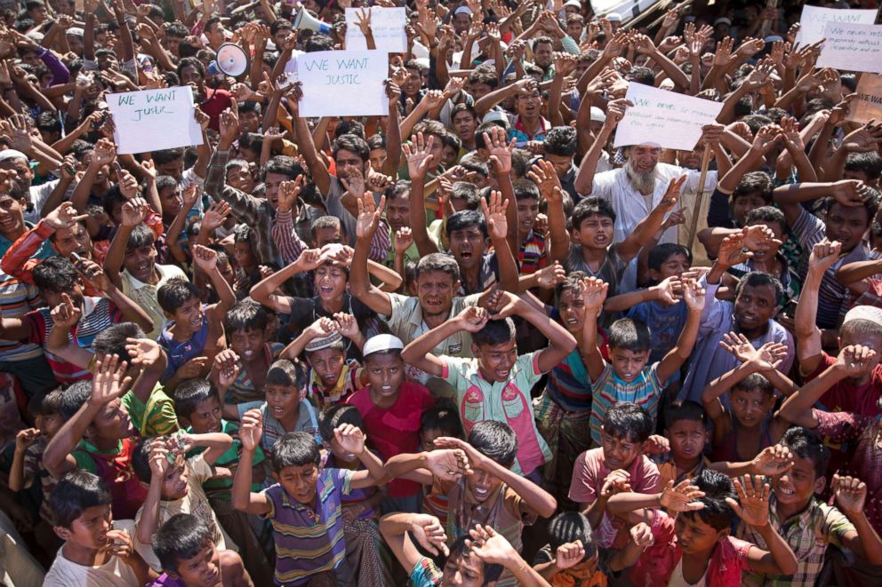 PHOTO: Rohingya refugees gather to shout slogans as they protest against the repatriation programmed at the Unchiprang Rohingya refugee camp in Teknaf. Not one Rohingya refugee crossed back into Myanmar from Bangladesh, Nov. 15, 2018.
