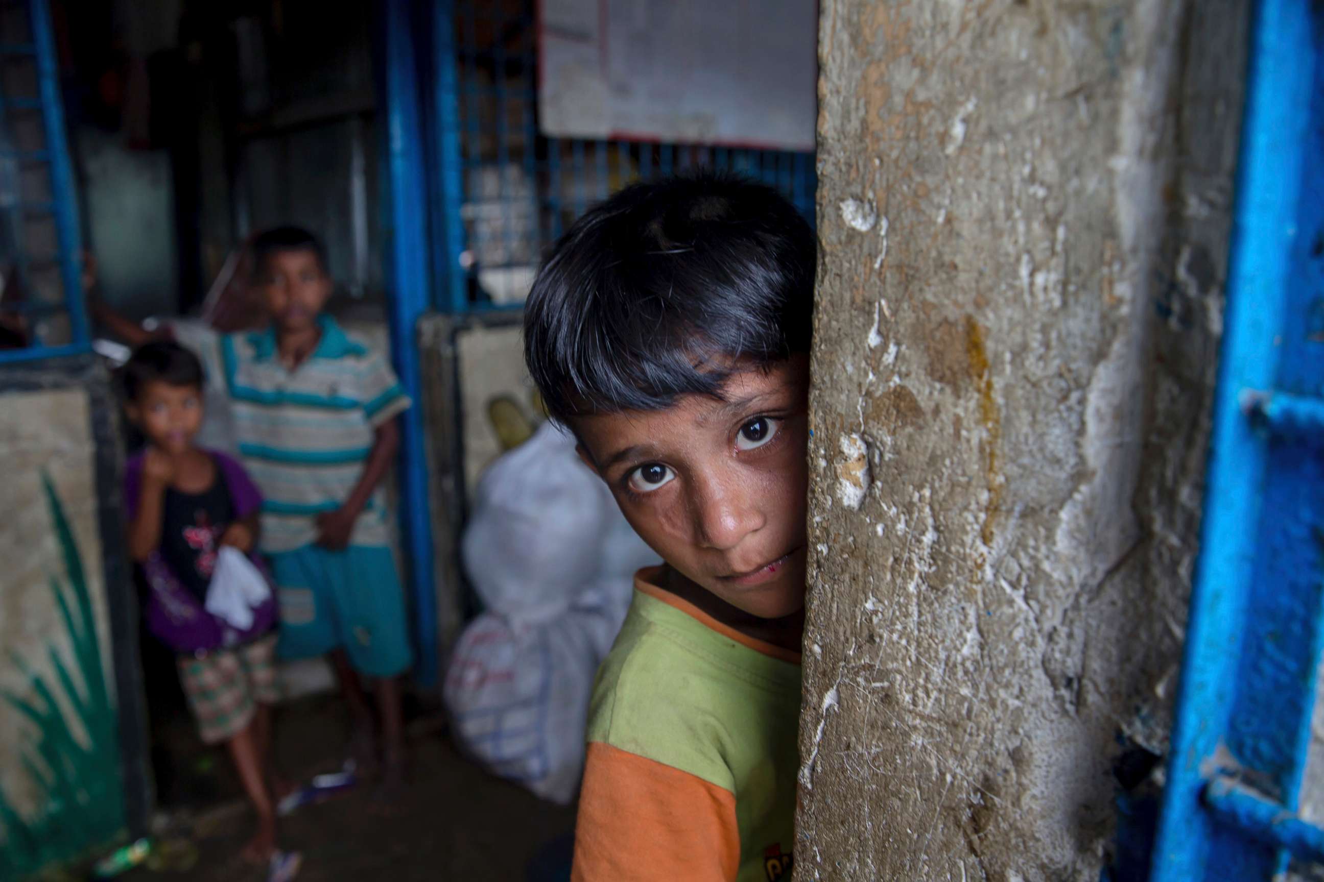 PHOTO: Mohammad Shofait, a Rohingya boy who crossed over from Myanmar into Bangladesh, stands by the entrance of a school in Kutupalong refugee camp, Bangladesh, Oct. 20, 2017. 