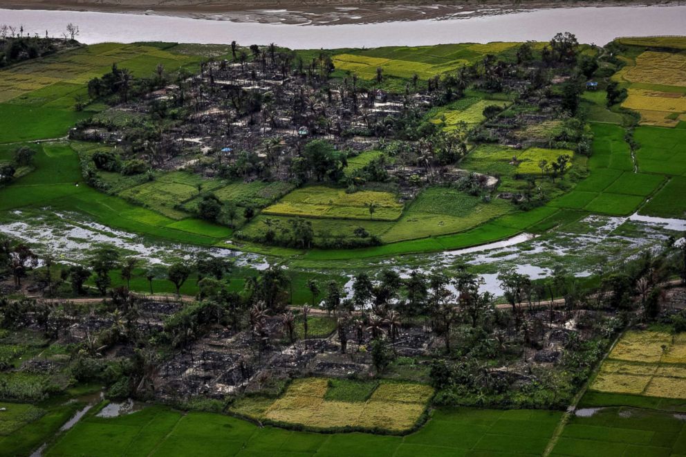 PHOTO: The remains of a burned Rohingya village are seen in this aerial photograph taken near Maungdaw, north of Rakhine State, Myanmar, Sept. 27, 2017.