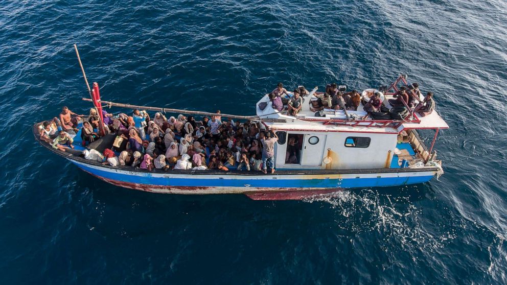 PHOTO: This drone shot shows a boat carrying ethnic-Rohingya off North Aceh, Indonesia, June 24, 2020.