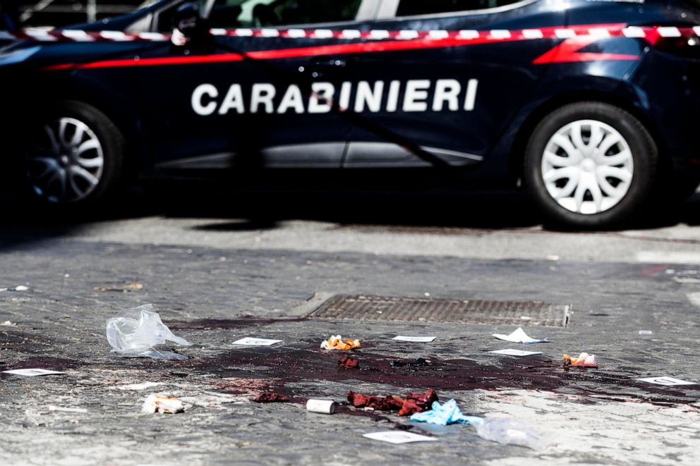 PHOTO: A car of the Italian Carabinieri, paramilitary police, is parked near the site where Carabiniere Vice Brigadier Mario Cerciello Rega was stabbed to death in Rome, July 26, 2019.