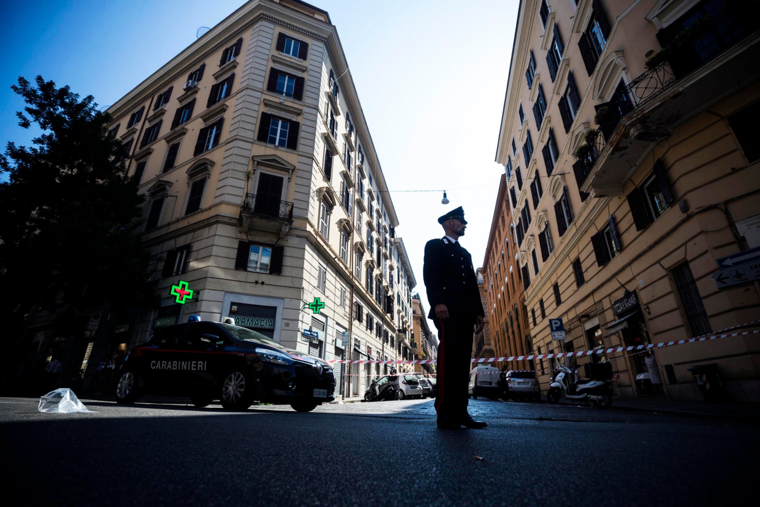 PHOTO: An Italian Carabiniere, paramilitary policeman, patrols near the site where his colleague, Carabiniere Vice Brigadier Mario Cerciello Rega was stabbed to death by a thief in Rome, Friday, July 26, 2019.